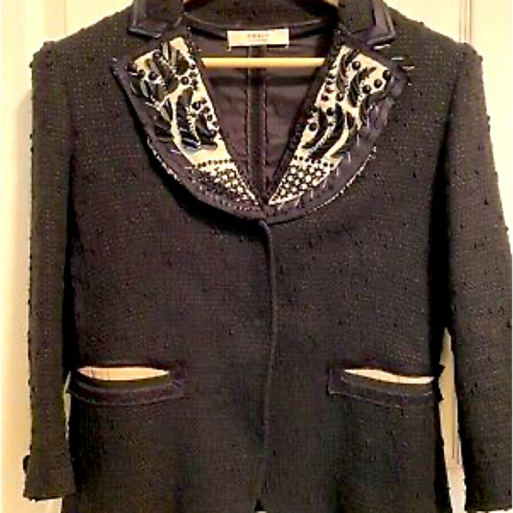 Prada Black Tweed Blazer Jacket Beads Decorations Women size 38.